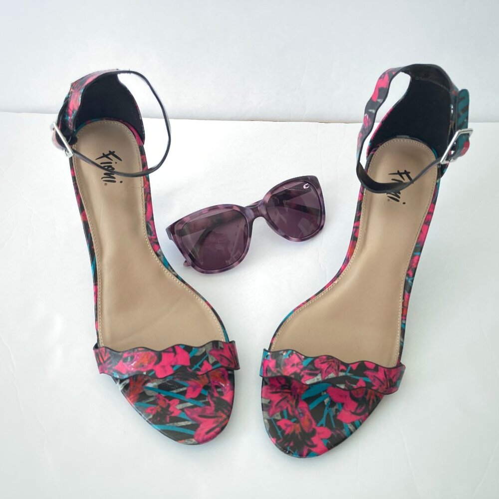 Fioni Pink Turquoise Black Floral Ankle Strap Heel Sandal  8.5